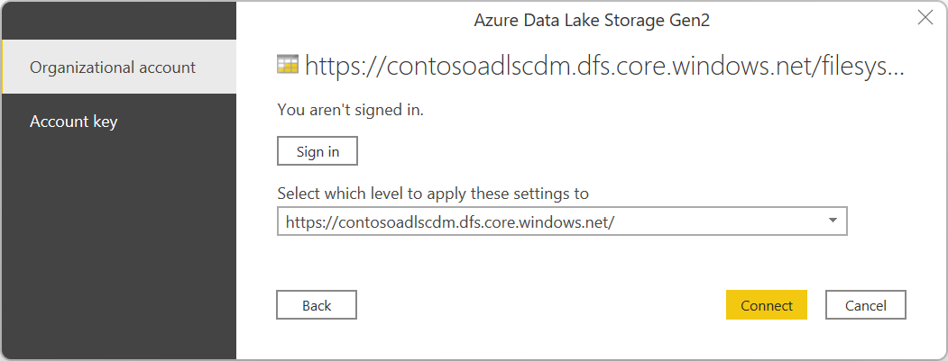 สกรีนช็อตของกล่องโต้ตอบการลงชื่อเข้าใช้สําหรับ Azure Data Lake Storage รุ่น2 ที่เลือกบัญชีองค์กรและพร้อมที่จะลงชื่อเข้าใช้