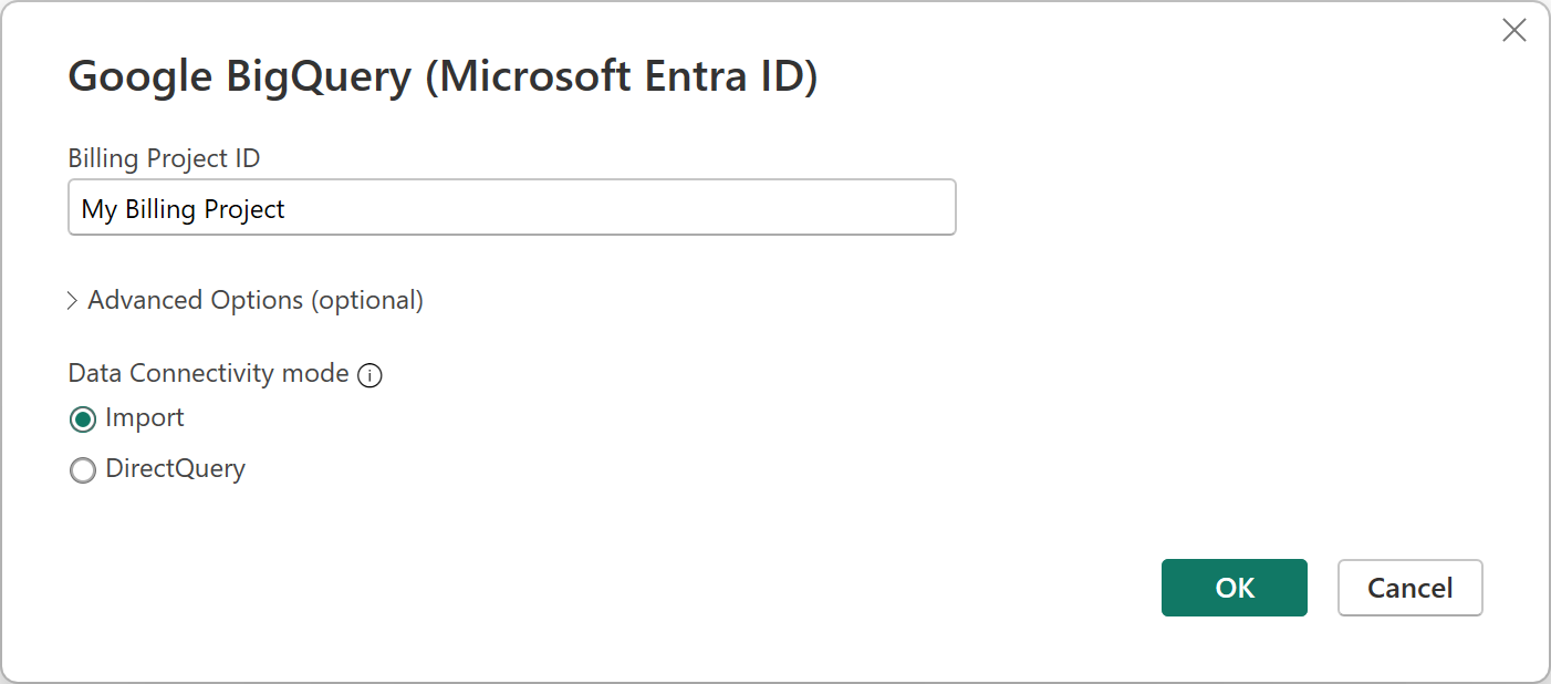 ภาพหน้าจอของกล่องโต้ตอบ Google BigQuery (Microsoft Entra ID) ที่คุณป้อน ID โครงการการเรียกเก็บเงินของคุณ เลือกนําเข้าหรือ DirectQuery และเลือกตัวเลือกขั้นสูง
