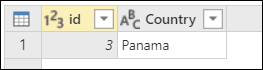 ตาราง Countries ที่มีแถวเดียว พร้อมด้วย id ที่ตั้งค่าเป็น 3 และ Country ถูกตั้งค่าเป็น Panama