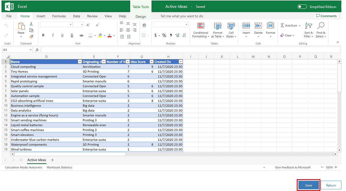 เลือกบันทึกในไฟล์ Excel Online