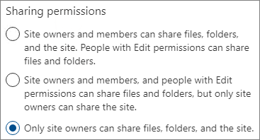 SharePoint sitesinde yalnızca sahiplere ayarlanmış paylaşım izinleri ayarlarının ekran görüntüsü.