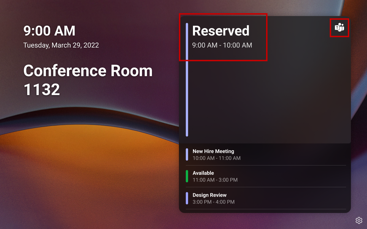 Teams panels Home screen showing that the meeting space is reserved for an ad hoc meeting.