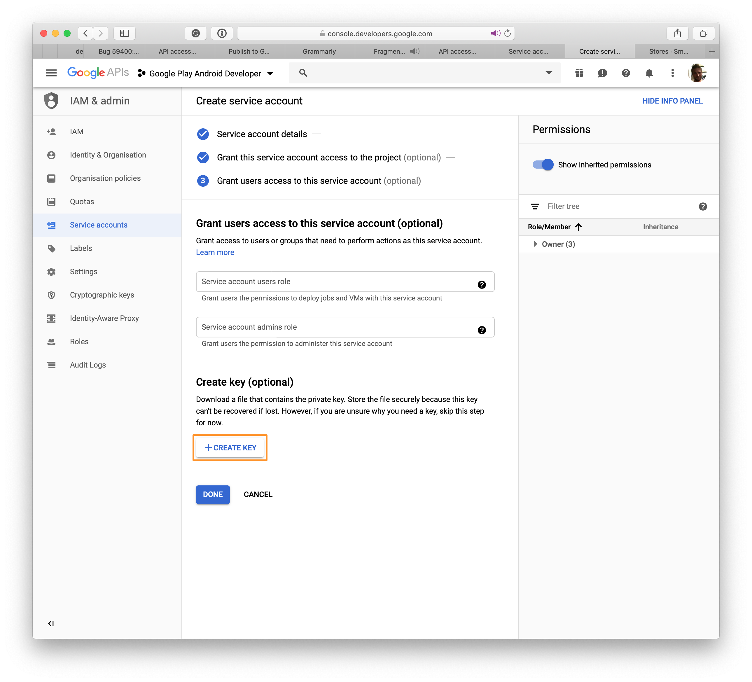 Google Play: JSON dosyası oluşturmak için + Anahtar Oluştur'a tıklayın