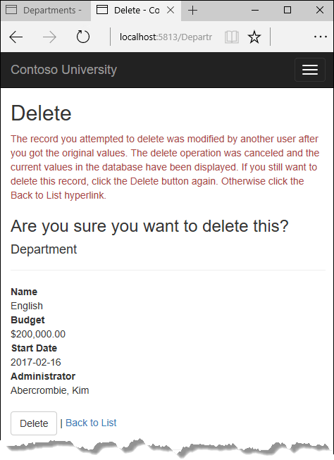 Department Delete page