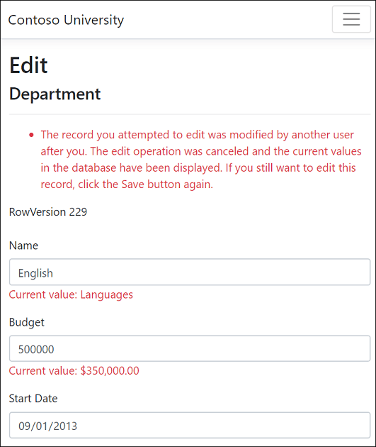 Department Edit page error message