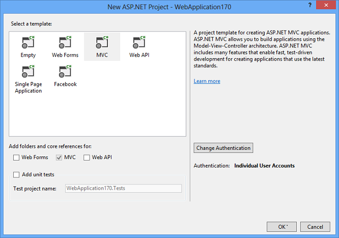 Yeni ASP nokta Net proje penceresinin resmi
