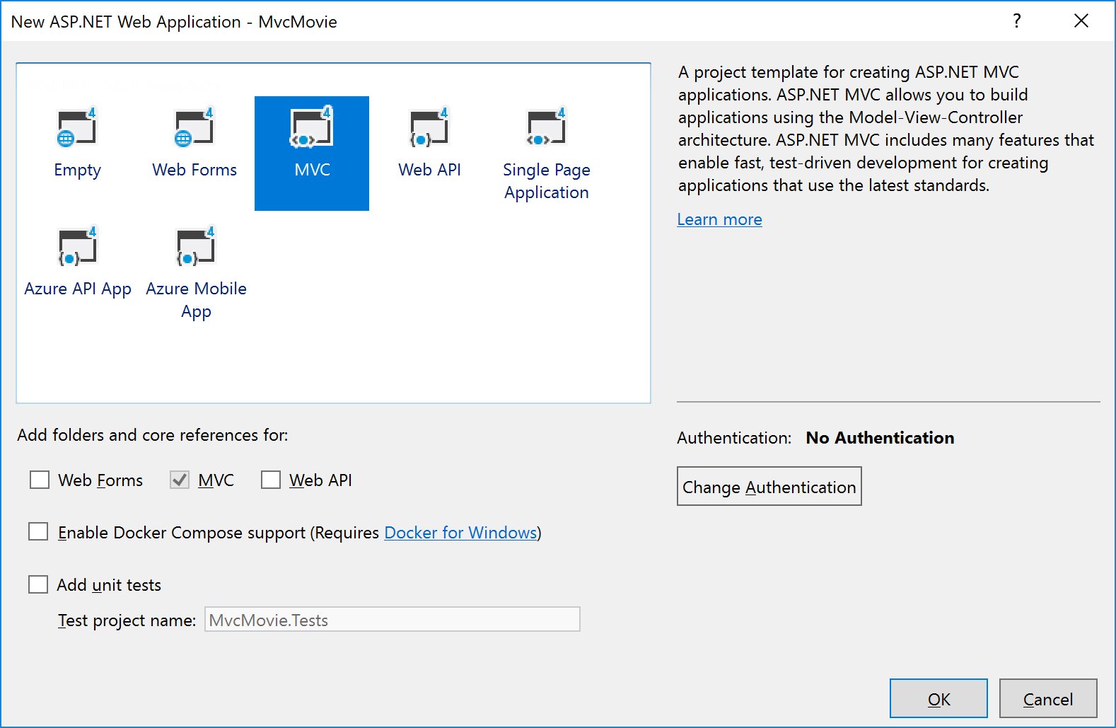 Yeni A S P nokta NET Web Uygulaması iletişim kutusunu gösteren ekran görüntüsü. M V C seçilir.