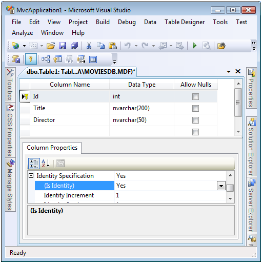 Tablo Tasarım Aracı özelliğini gösteren Microsoft Visual Studio penceresinin ekran görüntüsü.