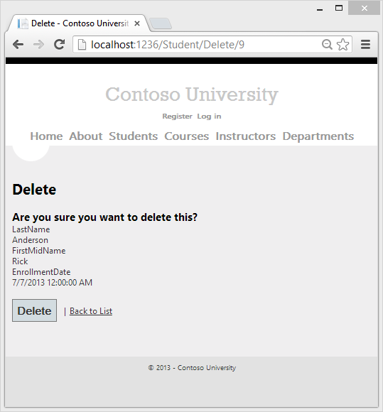 Öğrenci Silme sayfasını gösteren ekran görüntüsü.