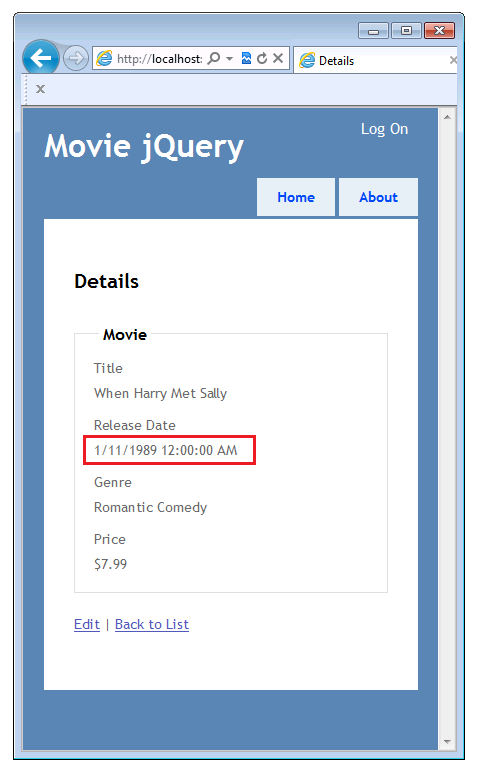 Yayın Tarihi özelliğinin kırmızı dikdörtgenle vurgulandığı Ayrıntılar görünümünü gösteren Movie jQuery penceresinin ekran görüntüsü.