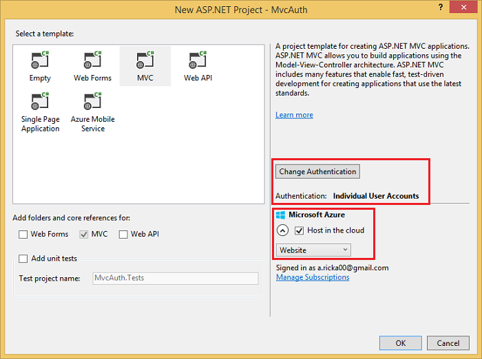 Yeni A S P nokta NET Projesi iletişim kutusunu gösteren ekran görüntüsü. Kimlik Doğrulamasını Değiştir düğmesi ve Bulutta barındır onay kutusu vurgulanır.