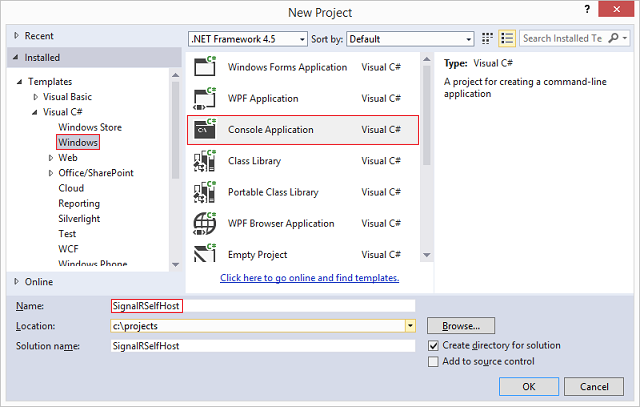Windows seçeneği, Konsol Uygulaması şablonu ve Ad alanının vurgulandığı Yeni Proje ekranının ekran görüntüsü.