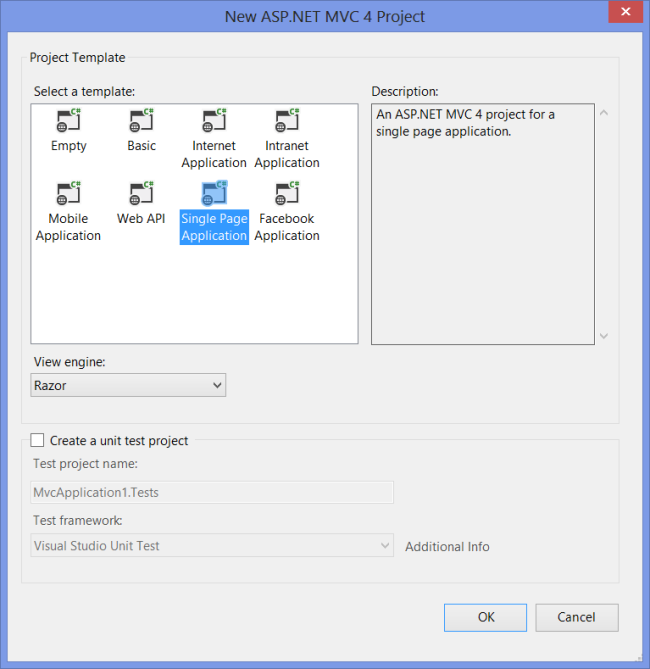 Yeni A S S P nokta NET M V C 4 Projesi iletişim kutusunu gösteren ekran görüntüsü. Tek Sayfalı Uygulama şablonu seçilidir.