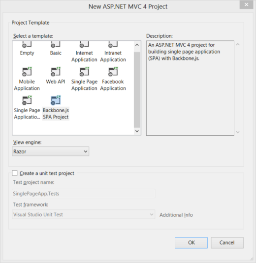 Yeni A S P nokta NET M V C 4 Projesi iletişim kutusunu gösteren ekran görüntüsü. Omurga nokta j s S P A Proje şablonu seçilidir.