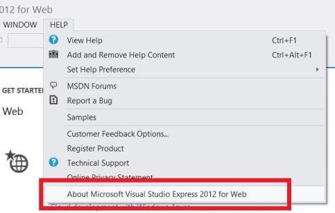 Yardım açılan menüsünü gösteren ekran görüntüsü. Web için yaklaşık Microsoft Visual Studio Express 2012 kırmızı daire içine alınıyor.