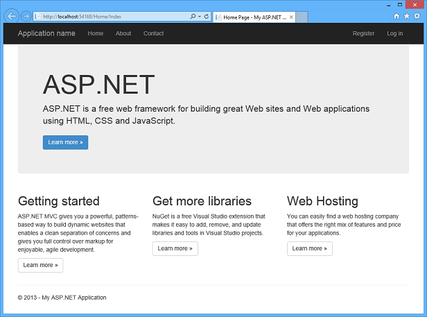 Geniş bir tarayıcı penceresinde Web Forms şablon uygulaması giriş sayfasını gösteren ekran görüntüsü.