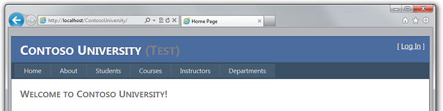 Contoso Üniversitesi ortam göstergesinin Geliştirme yerine Test olduğunu gösteren Internet Explorer penceresinin ekran görüntüsü.