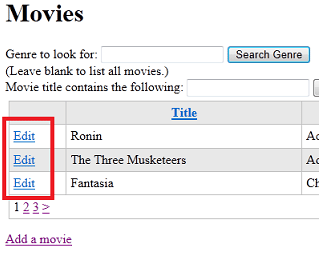 Her film için bir 'Düzenle' bağlantısı içeren WebGrid ekranı
