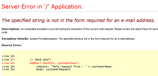 E-postayla ilgili bir sorun olduğunda hata iletisi ASP.NET