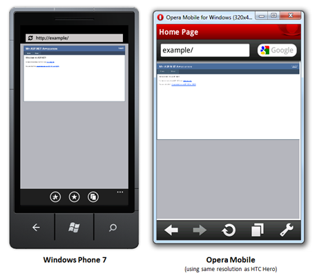 Windows Phone 7 ve Opera Mobile'da görüntülenen iki Web Forms uygulamanın ekran görüntüsü.