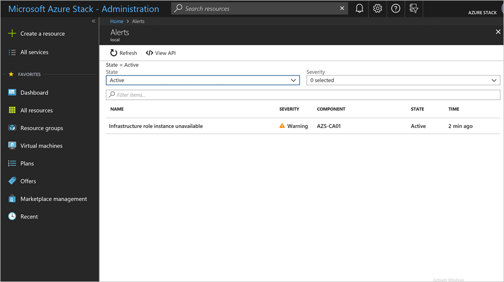 Azure Stack Hub yönetici portalında kritik veya uyarı durumuna göre filtrelemek için filtre bölmesi