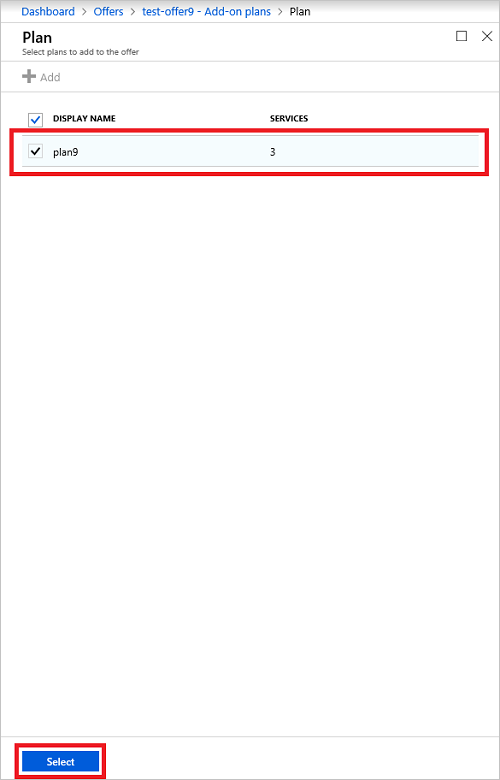 Azure Stack yönetici portalında eklenecek eklenti planının nasıl seçildiğini gösteren ekran görüntüsü.