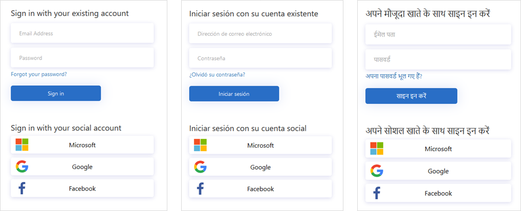 Farklı dillerde kullanıcı arabirimi metnini gösteren üç oturum açma sayfası ekran görüntüsü.