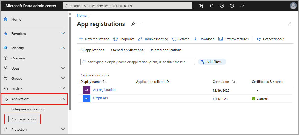 Microsoft Entra uygulama kayıt sayfasının ekran görüntüsü.
