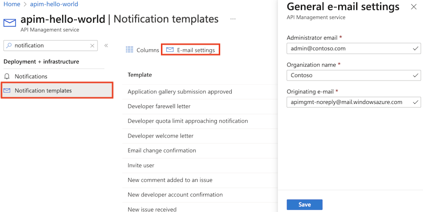 Portaldaki API Management e-posta ayarlarının ekran görüntüsü