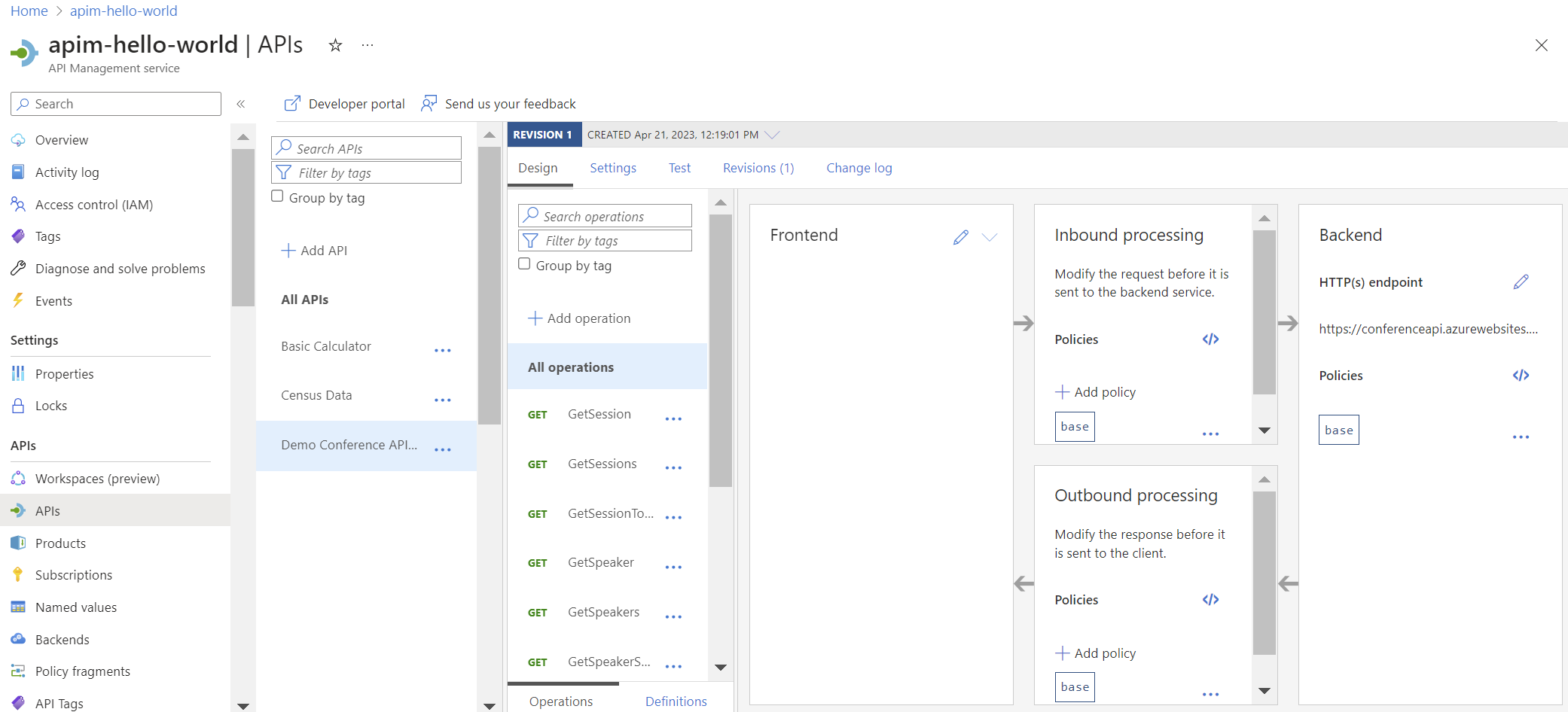 Portalda API Management'ta yeni bir API'nin ekran görüntüsü.