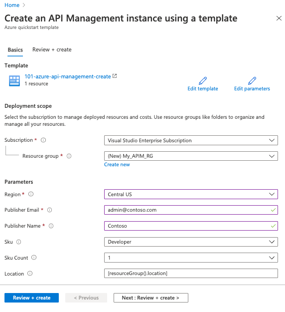 API Management şablon özellikleri
