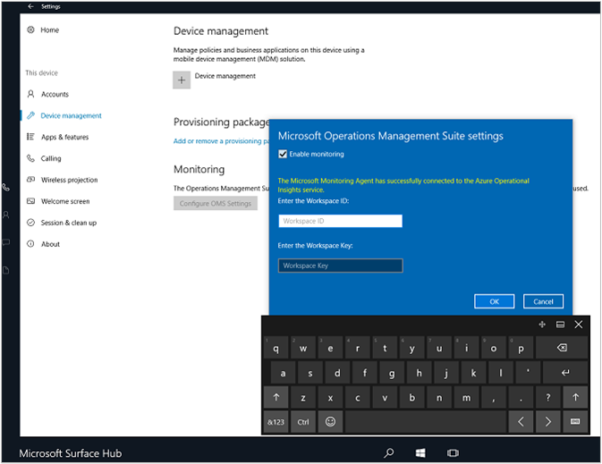 Çalışma Alanı Kimliği ve Çalışma Alanı Anahtarı için İzlemeyi etkinleştir'in seçili olduğu Microsoft Operations Manager Paketi ayarlarını ve metin kutularını gösteren ekran görüntüsü.