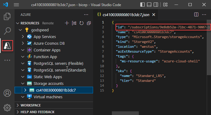 Azure Kaynakları uzantısını Visual Studio Code ekran görüntüsü.