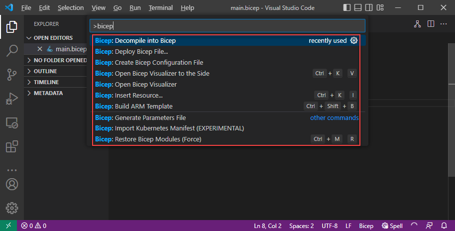 Komut paletindeki Visual Studio Code Bicep komutlarının ekran görüntüsü.