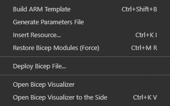 Bicep dosyalarının bağlam menüsündeki Visual Studio Code Bicep komutlarının ekran görüntüsü.