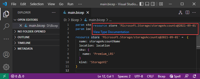 Visual Studio Code Bicep görünüm türü belgesinin ekran görüntüsü.