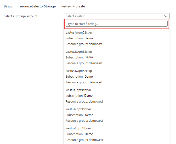 Abonelikteki tüm depolama hesaplarının kaynak seçici listesinin ekran görüntüsü.
