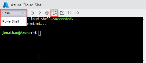 Dosyayı karşıya yükleme seçeneğinin vurgulandığı Azure portal Cloud Shell ekran görüntüsü.
