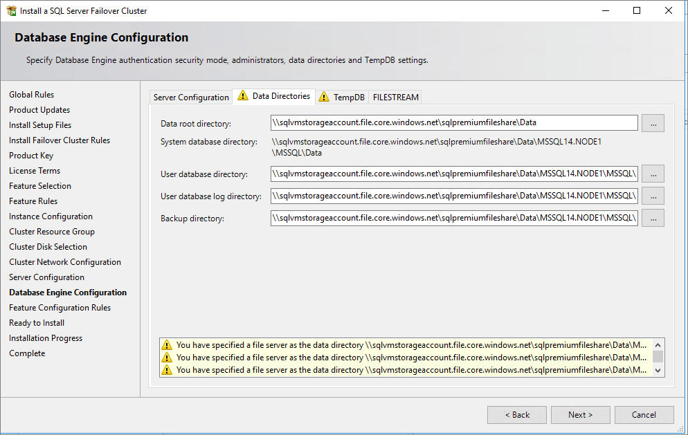 Dosya paylaşımının SQL veri dizinleri olarak kullanılmasını gösteren ekran görüntüsü.