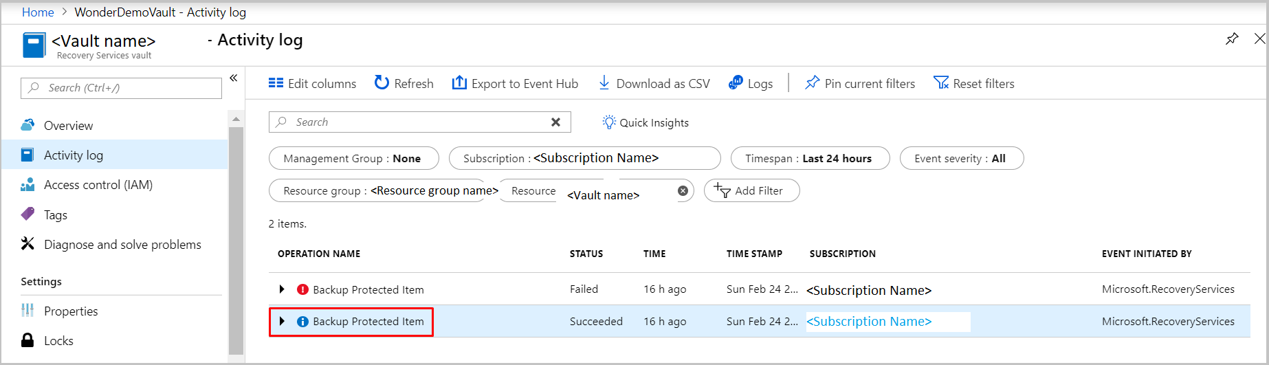Azure VM yedeklemeleri için etkinlik günlüklerini bulmak için filtreleme