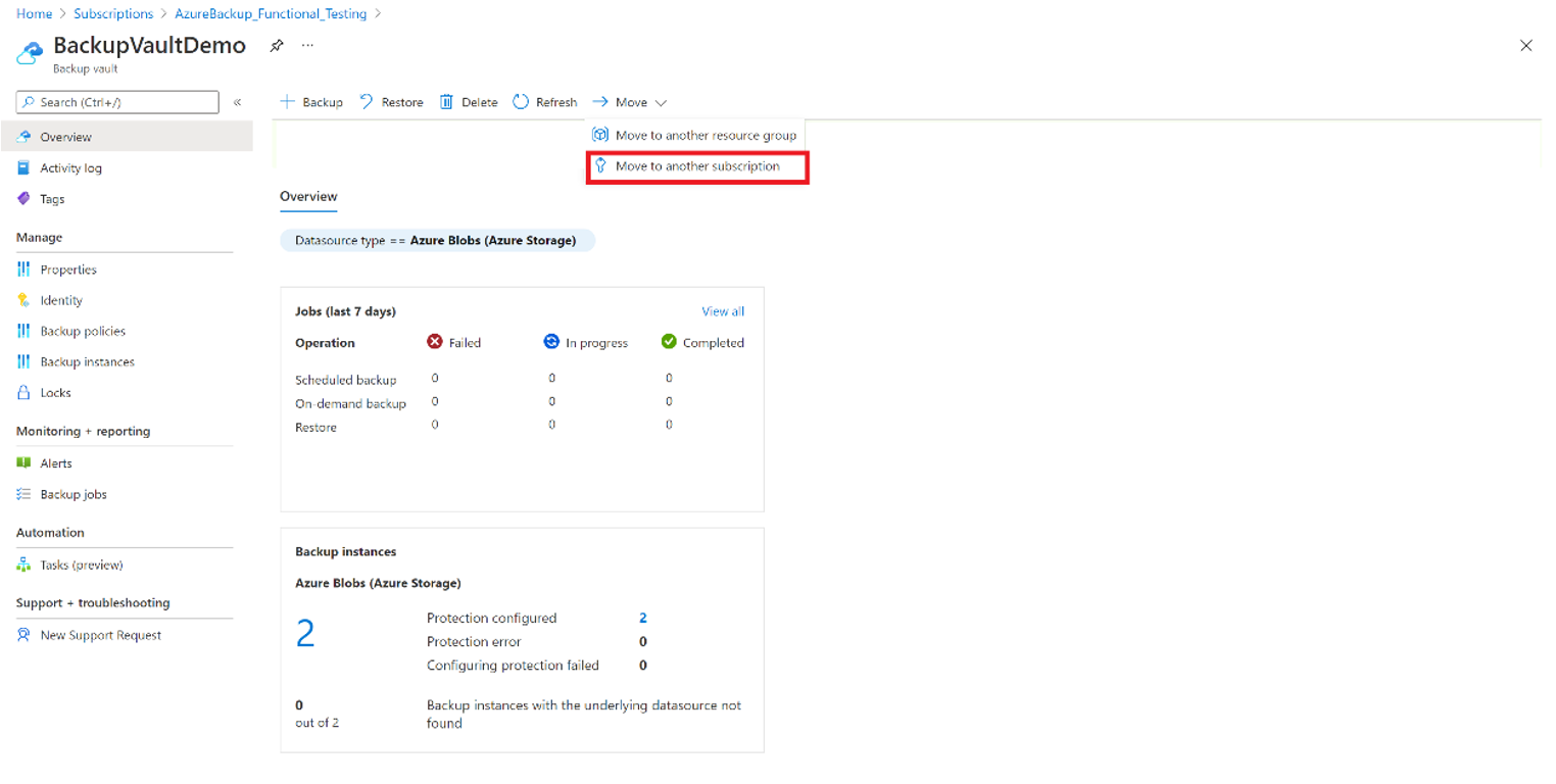 Screenshot showing the option for moving the Backup vault to another Azure subscription.