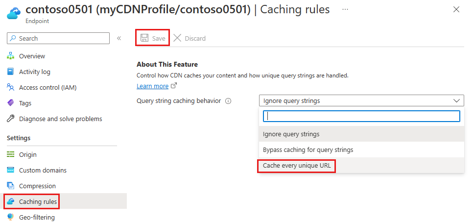 Azure Content Delivery Network profili için önbellek kuralları ayarlarının ekran görüntüsü.