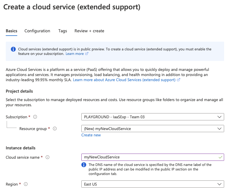 Image shows the Cloud Services (extended support) home blade.
