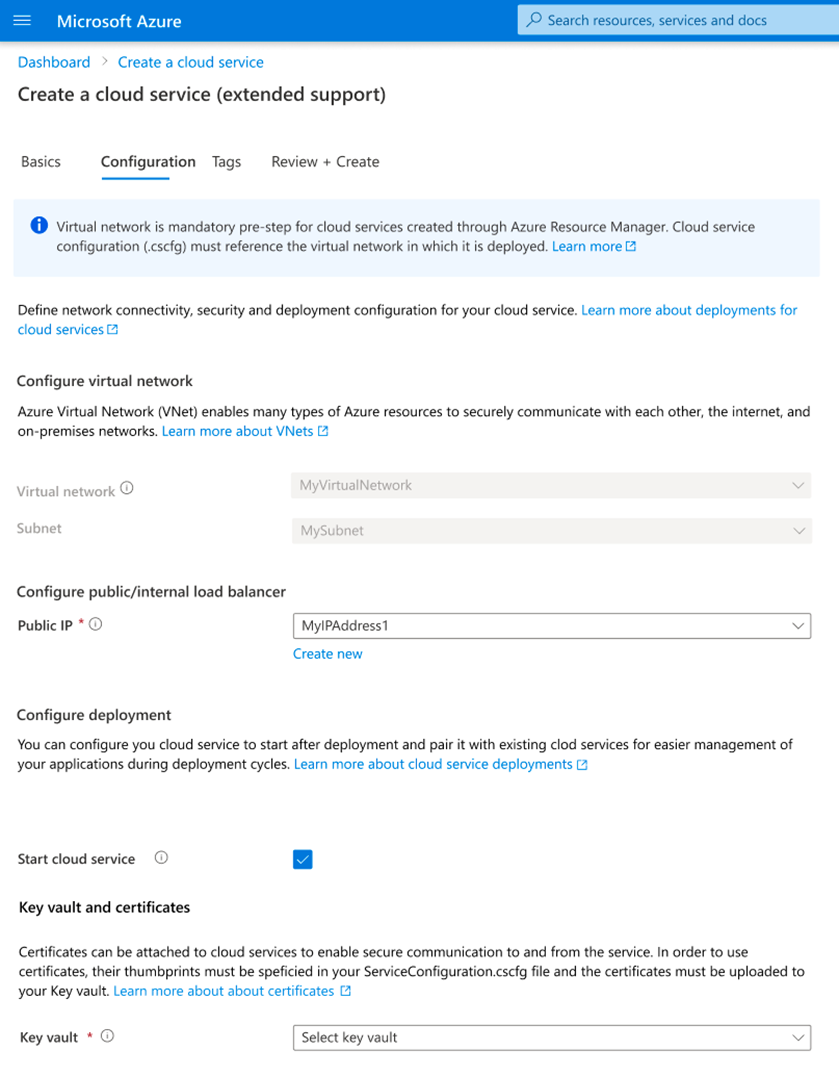Image shows the configuration blade in the Azure portal when creating a Cloud Services (extended support).