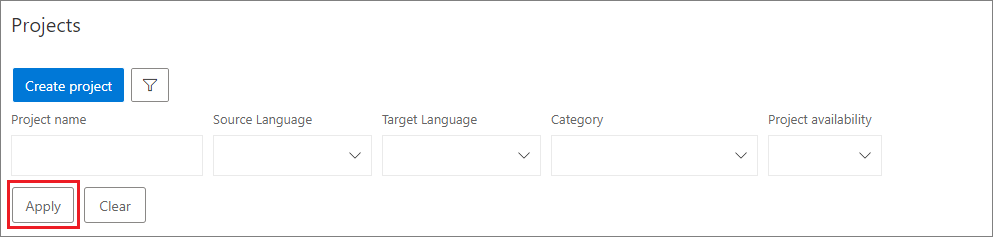 Search project filter options