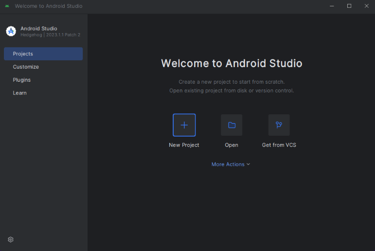 Android Studio'da yeni bir Android Studio Projesi başlat düğmesinin seçili olduğunu gösteren ekran görüntüsü.
