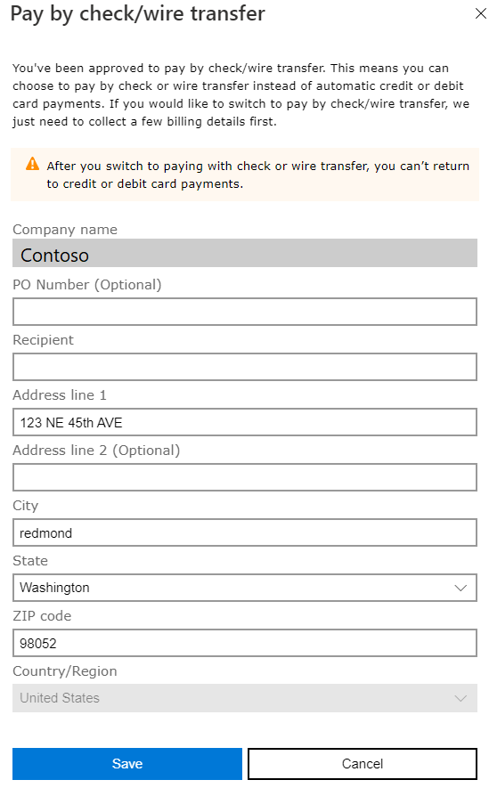Screenshot showing pay by check/wire transfer approval.