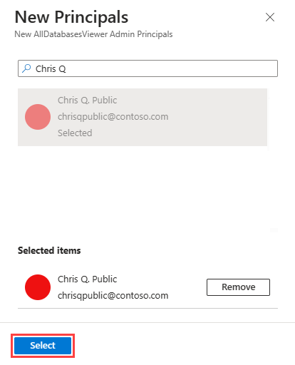 Screenshot of the Azure portal New Principals pane. The Select button and two fields with indecipherable service principal properties are highlighted.