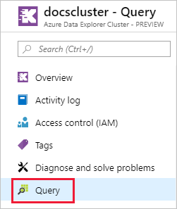 Screenshot of an Azure Data Explorer cluster in the Azure portal. The Query item is highlighted.