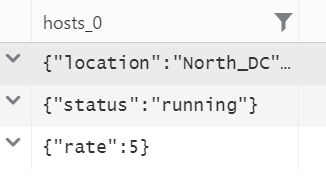 Screenshot shows hosts_0 with values for location, status, and rate.